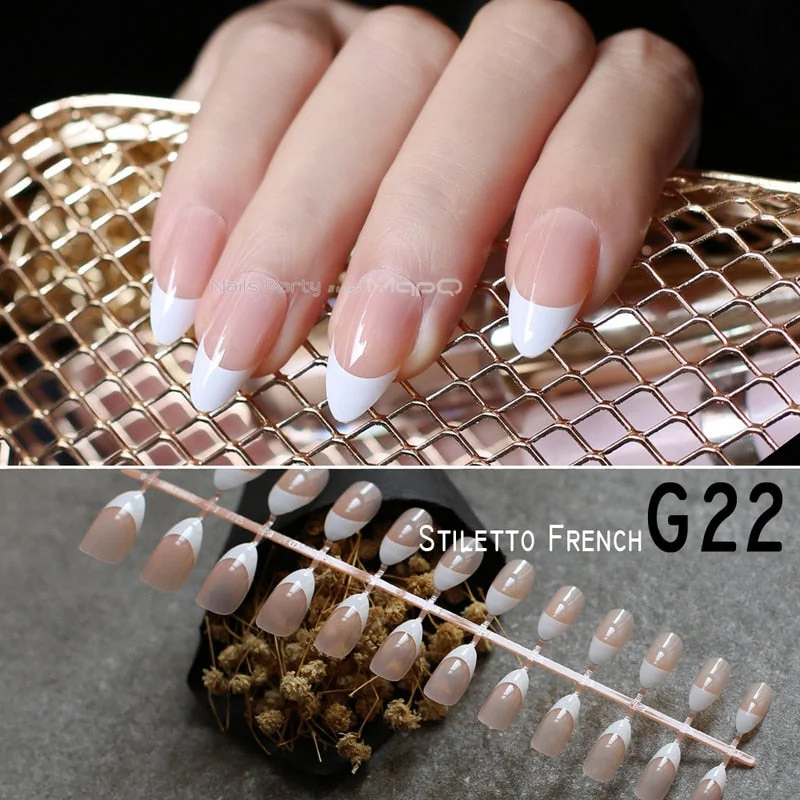 Long stiletto nails white tip nude french fasle nails sheer white pink almond fake nail 24pcs-Nail Inspo