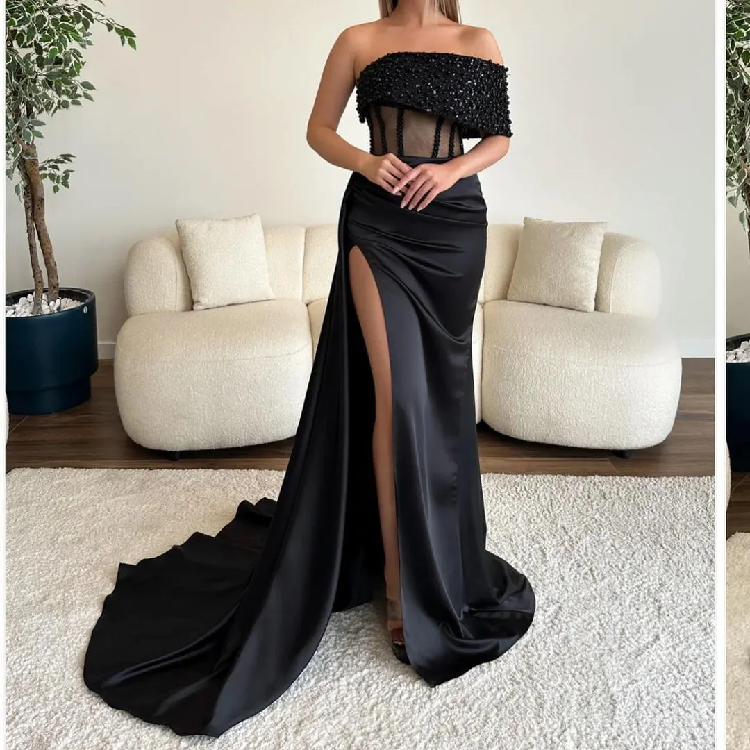 Designer Mermaid Strapless Long Sleeve Sequined Black Prom Dress main image 0