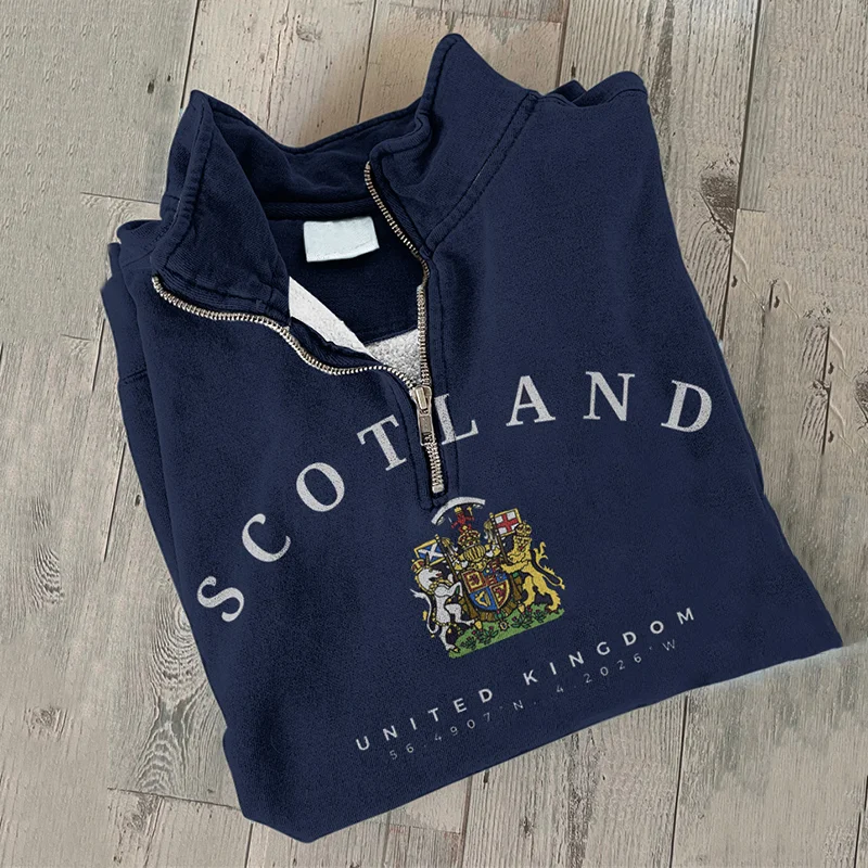Vintage Scotland Travel Print Zipper Casual Sweatshirt