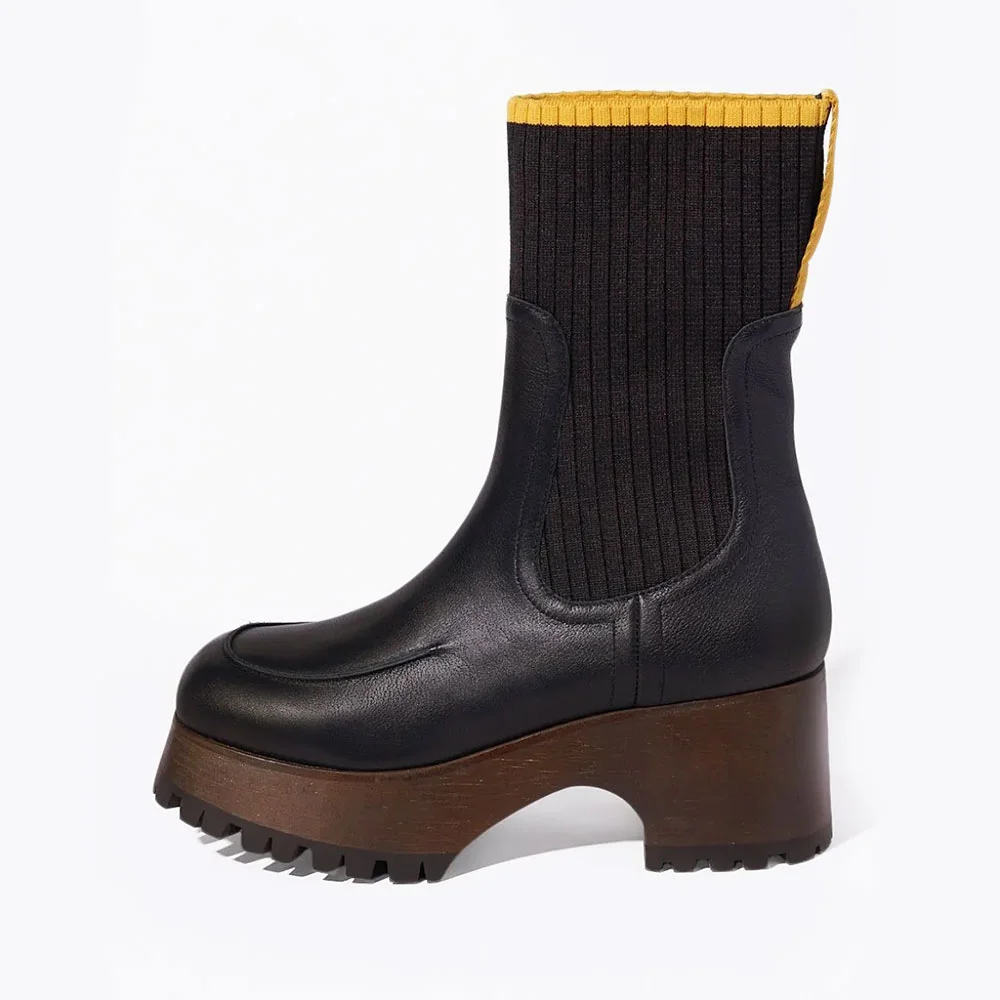 Fashion Black Square Toe Chunky Mid Heel Knit Platform Booties