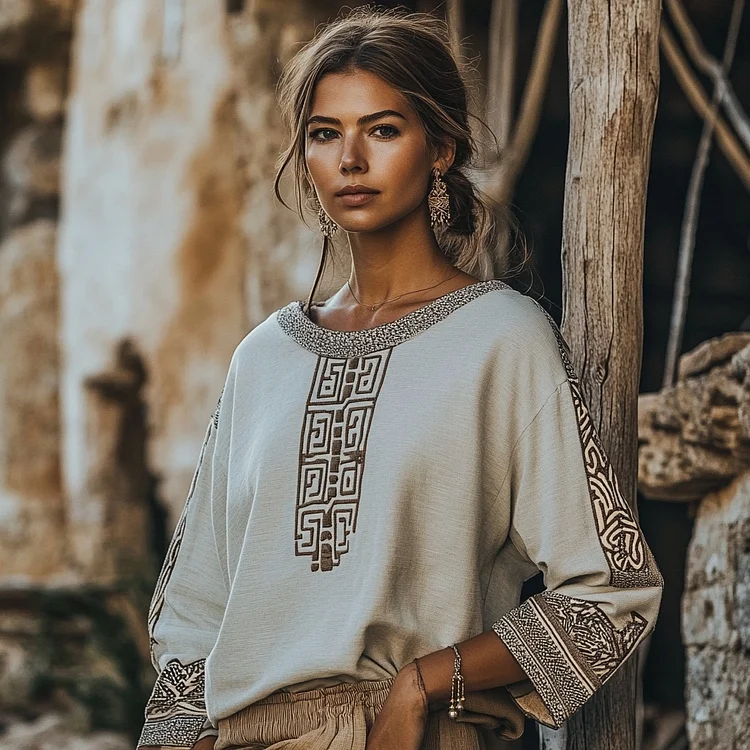 Vintage Greek Key Motif  Crew Neck Linen Blend Blouse