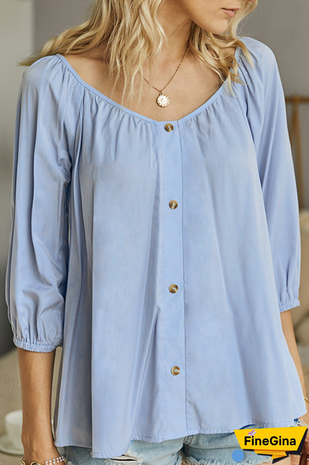 Elegant Solid Buckle V Neck Tops