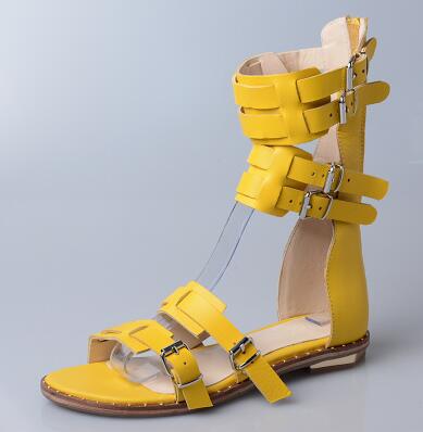 VCSHOES All-match Flat Sandals Women Red Wine/Black/Yellow Rome A Word Buckles Woman Retro Strap Buckle Short Cool Boots Lady