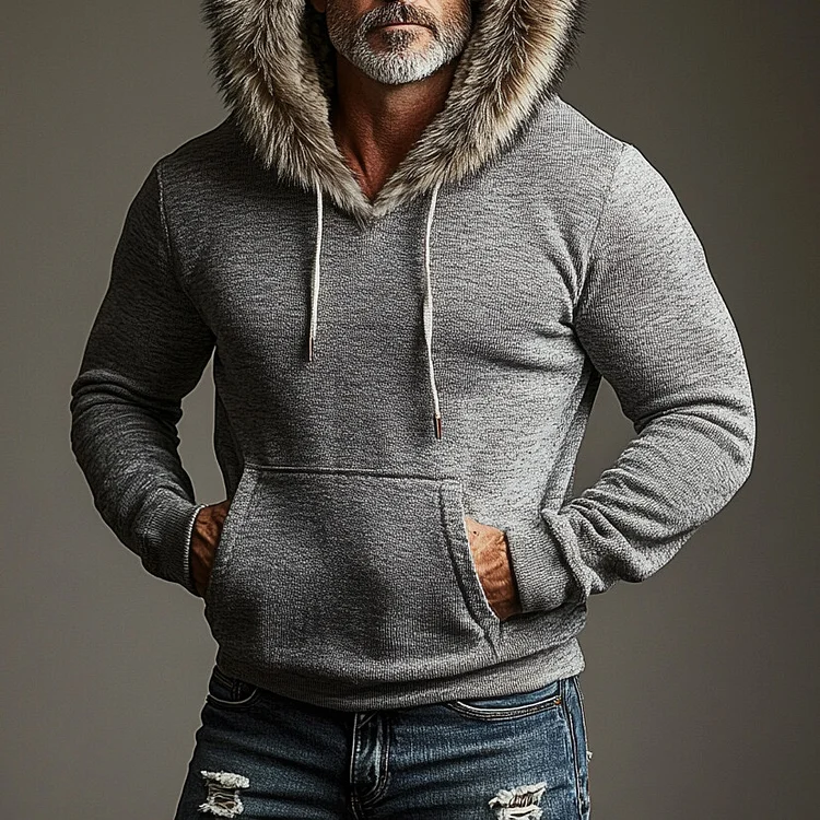 Mens Casual Long Sleeve Pocket Drawstring Fluffy Trim Hoodie-inspireuse