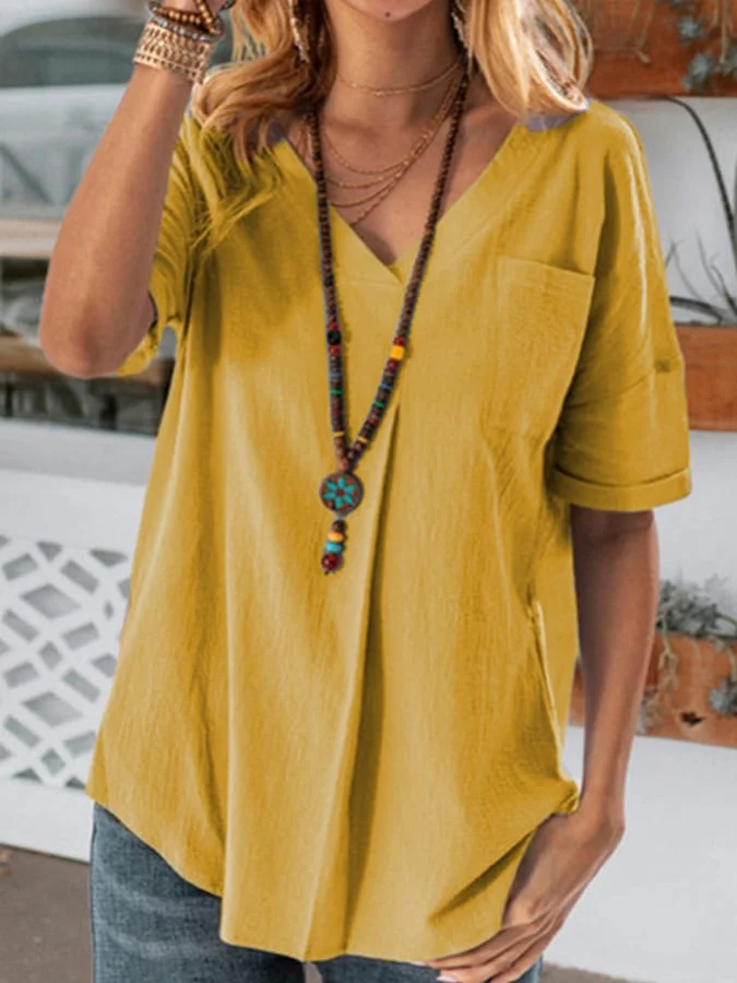 Women's  Casual Loose Cotton Linen V-neck T-shirt