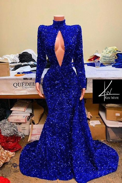 Luluslly Royal Blue Long Sleeves Mermaid Sequins Prom Dress