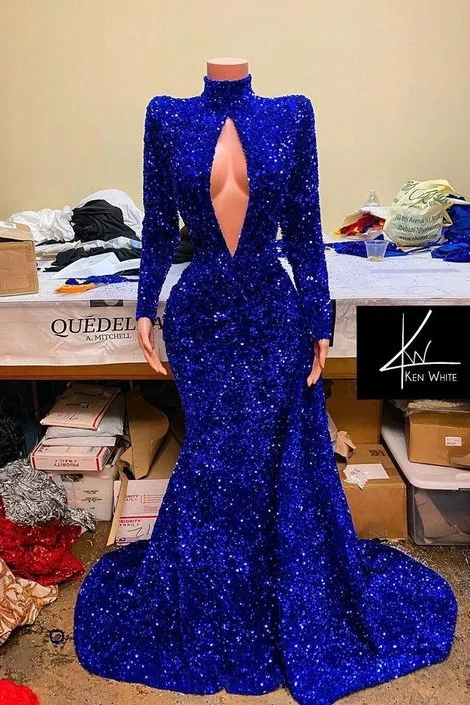 Daisda High Neck Long Sleeves Royal Blue Mermaid Prom Dress With Sequins