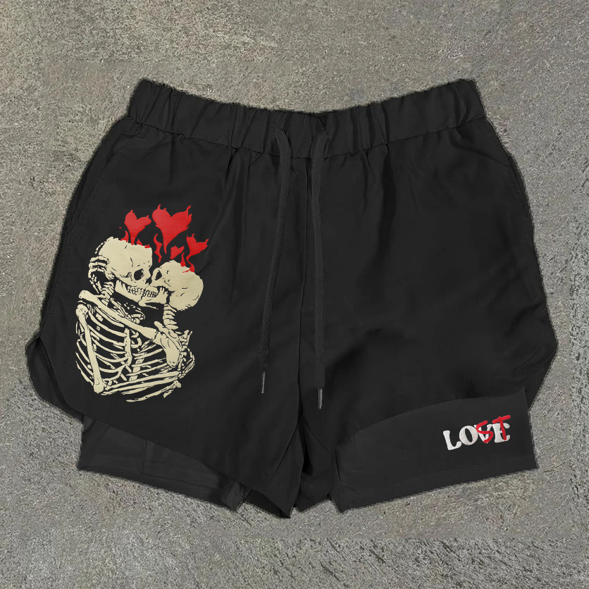 Sopula Your Lost Without Me X Skull Print Graphic Double Layer Men's Gym Shorts - SOPULA