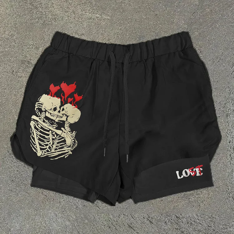 Your Lost Without Me X Skull Print Graphic Double Layer Men's Gym Shorts