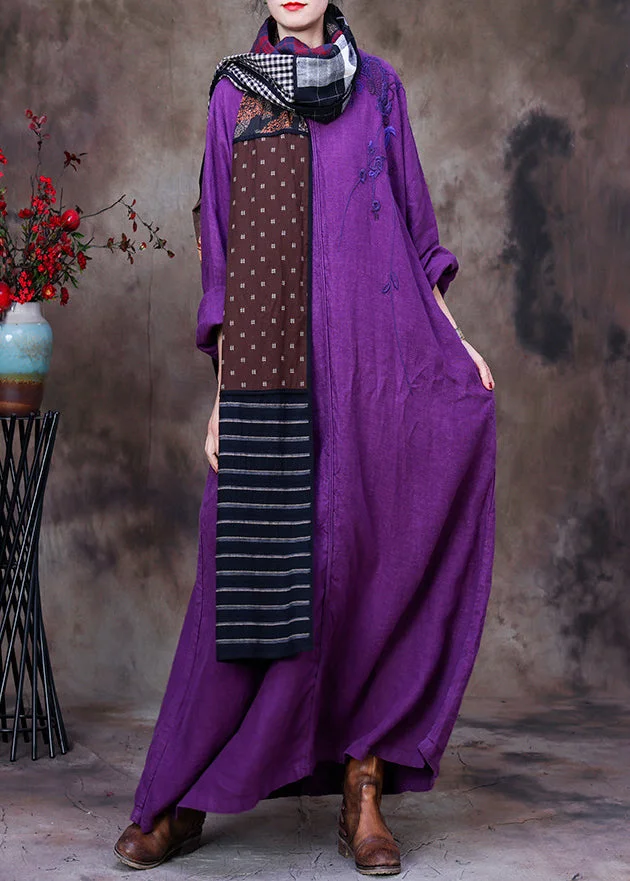 Dark Purple V Neck Embroideried Floral Linen Dress Long Sleeve