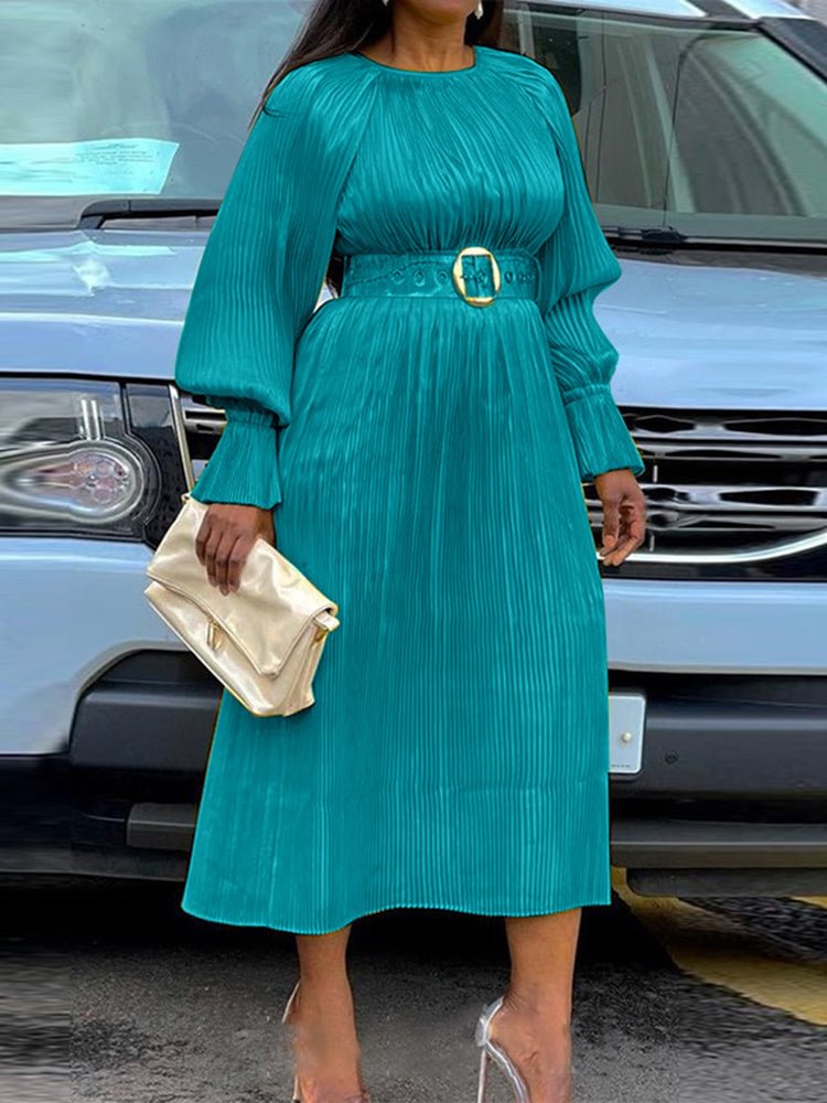 Solid Color Pleated Round Neck Lantern Sleeves A Swing Women's Dress SKUI81323 QueenFunky