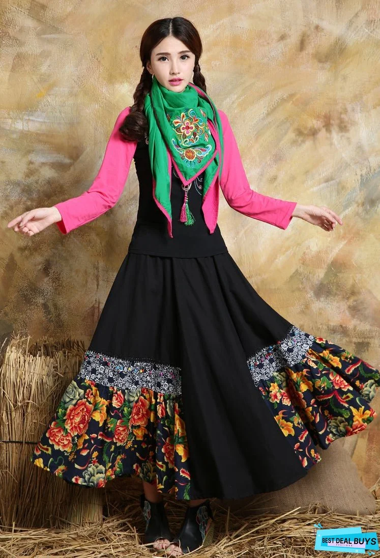 Cotton and linen necklaces in autumn and winter, retro Tibetan style, ethnic style, women's clothing, embroidered flowers, winter Scarf, shawls