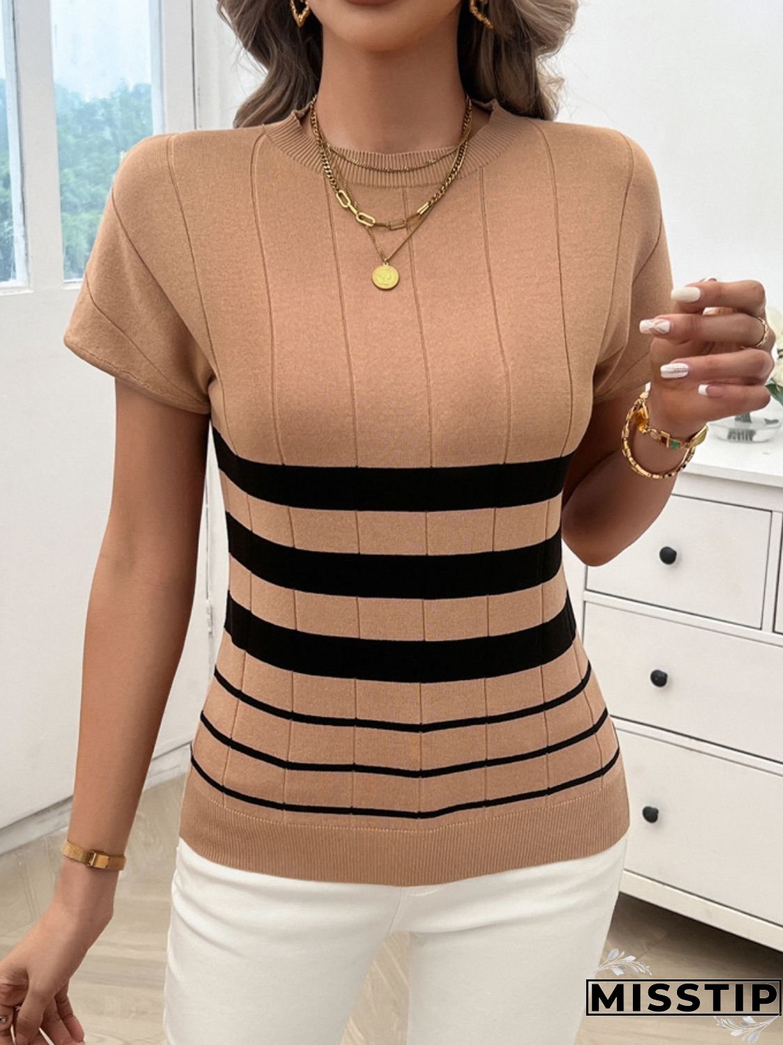 Striped Round Neck Short Sleeve Knit Top