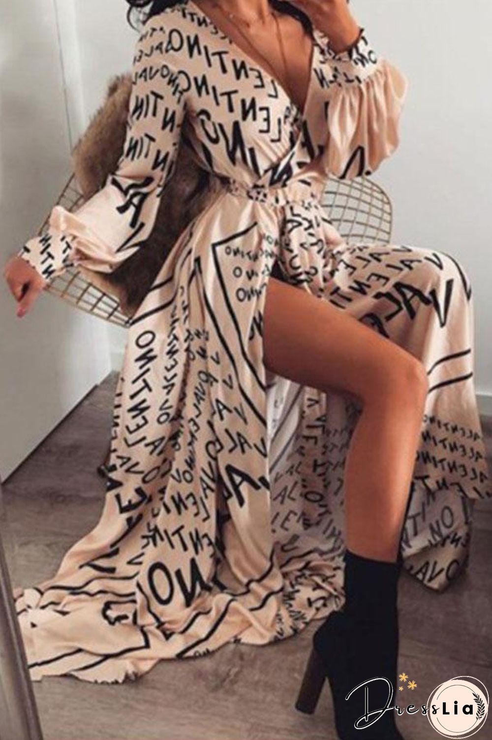 Sexy Printed Waist Fashion Slit Dress P14669