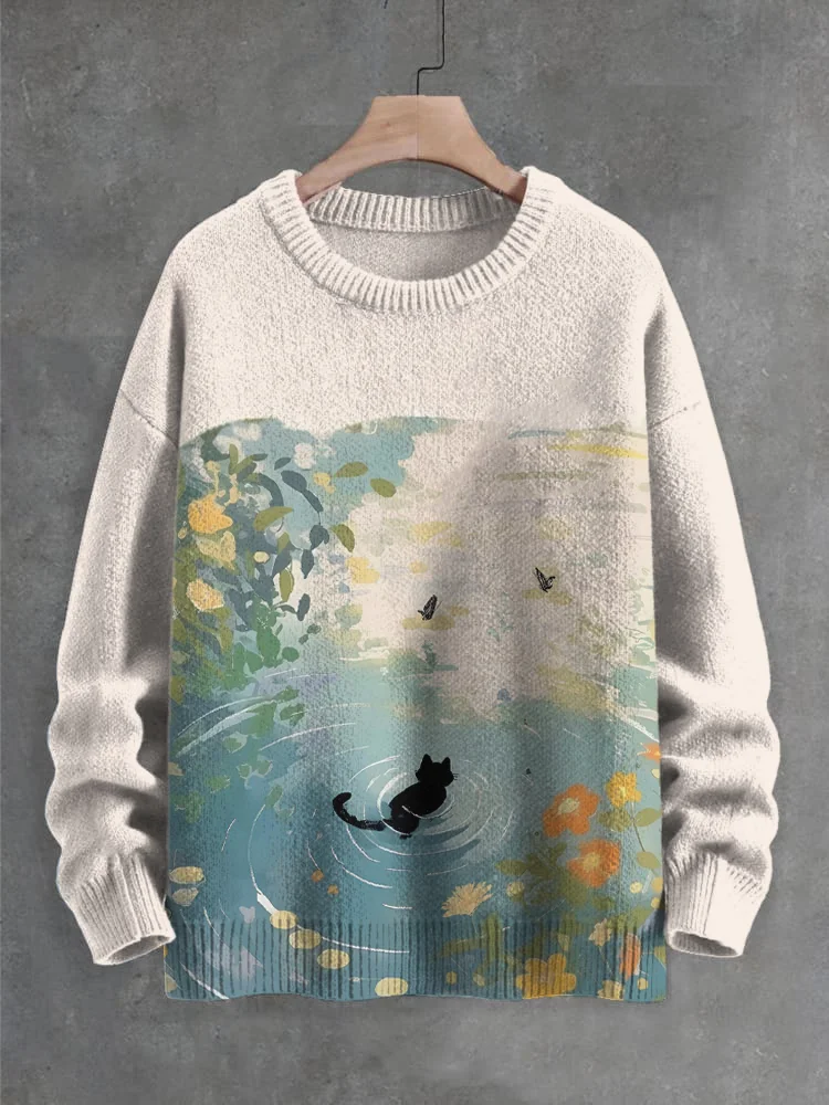 Men's Butterflies Black Cat Swimming Art Print Knit Sweatshirt