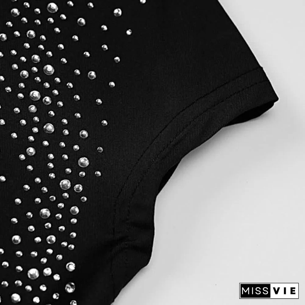 Chic Rhinestone Round Collar Shiny Slim Dress