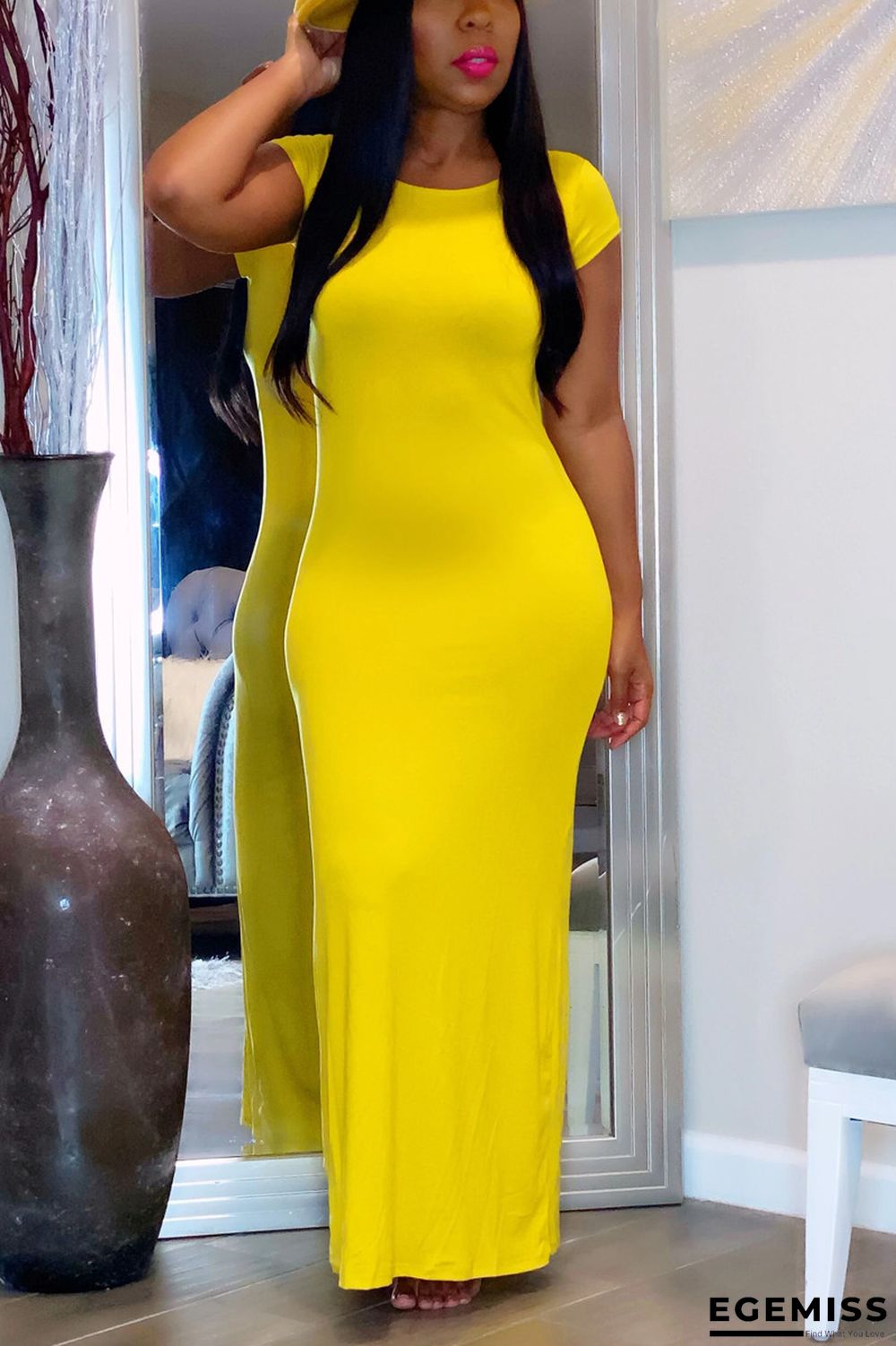 Yellow Fashion Casual Short Sleeve Slim Dress | EGEMISS