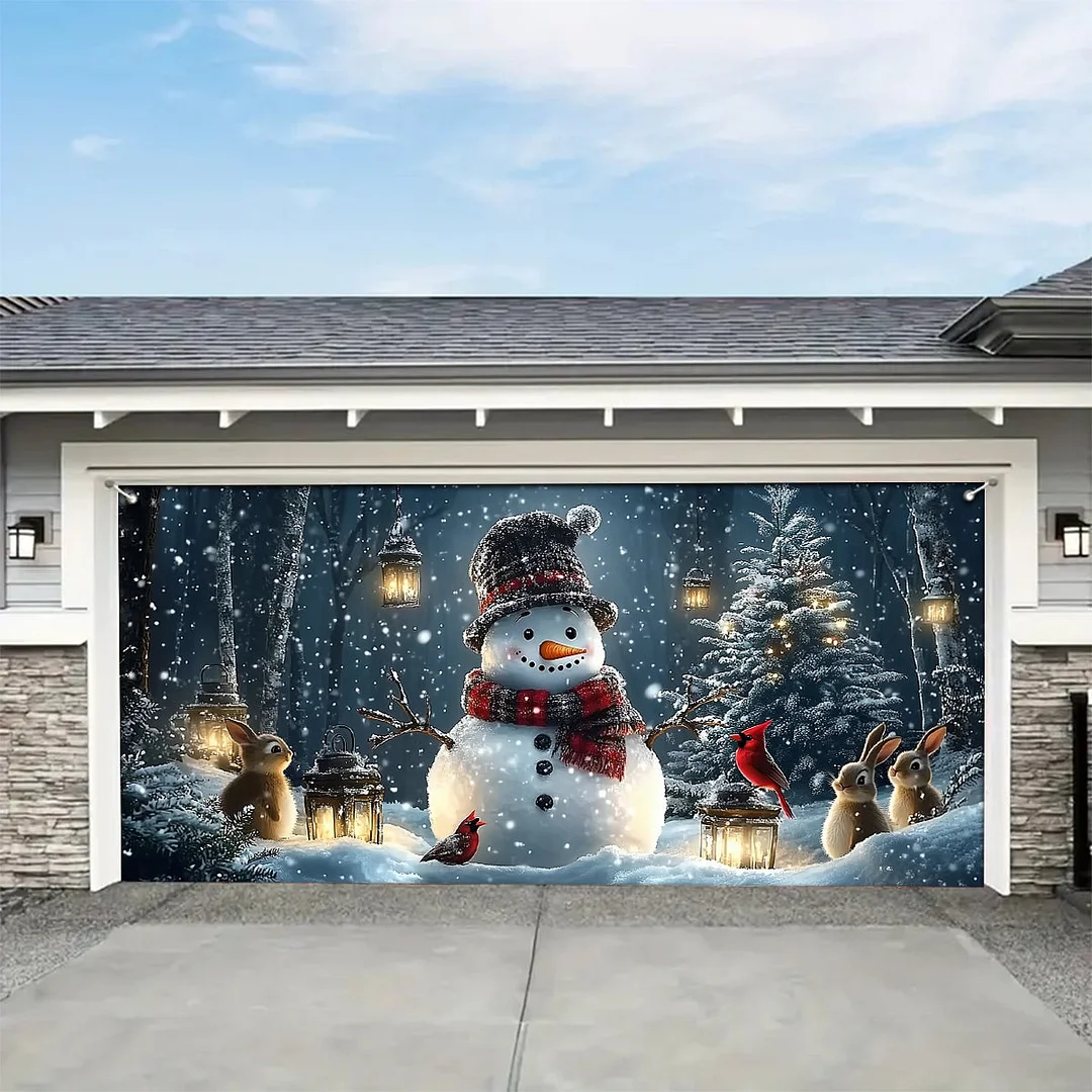 Garage Door Banner Decoration - Snowman and Forest Companions in a Lantern Lit Winter Scene