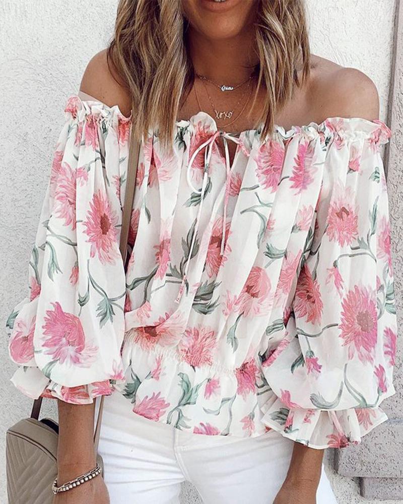 Prosperousluck costumes for women hot Off Shoulder Floral Print Blouses For Women Fashion Lantern Sleeve shirt Top Spring Summer Sexy Loose Strapless Blouse Tops