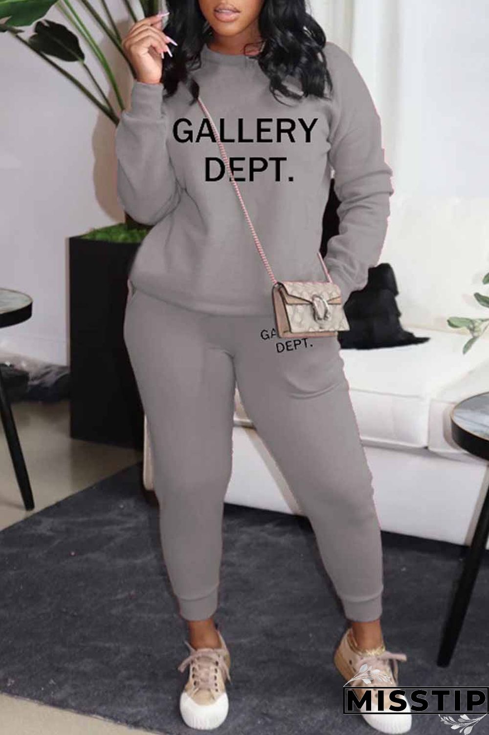 Black Casual Print Letter O Neck Long Sleeve Two Pieces