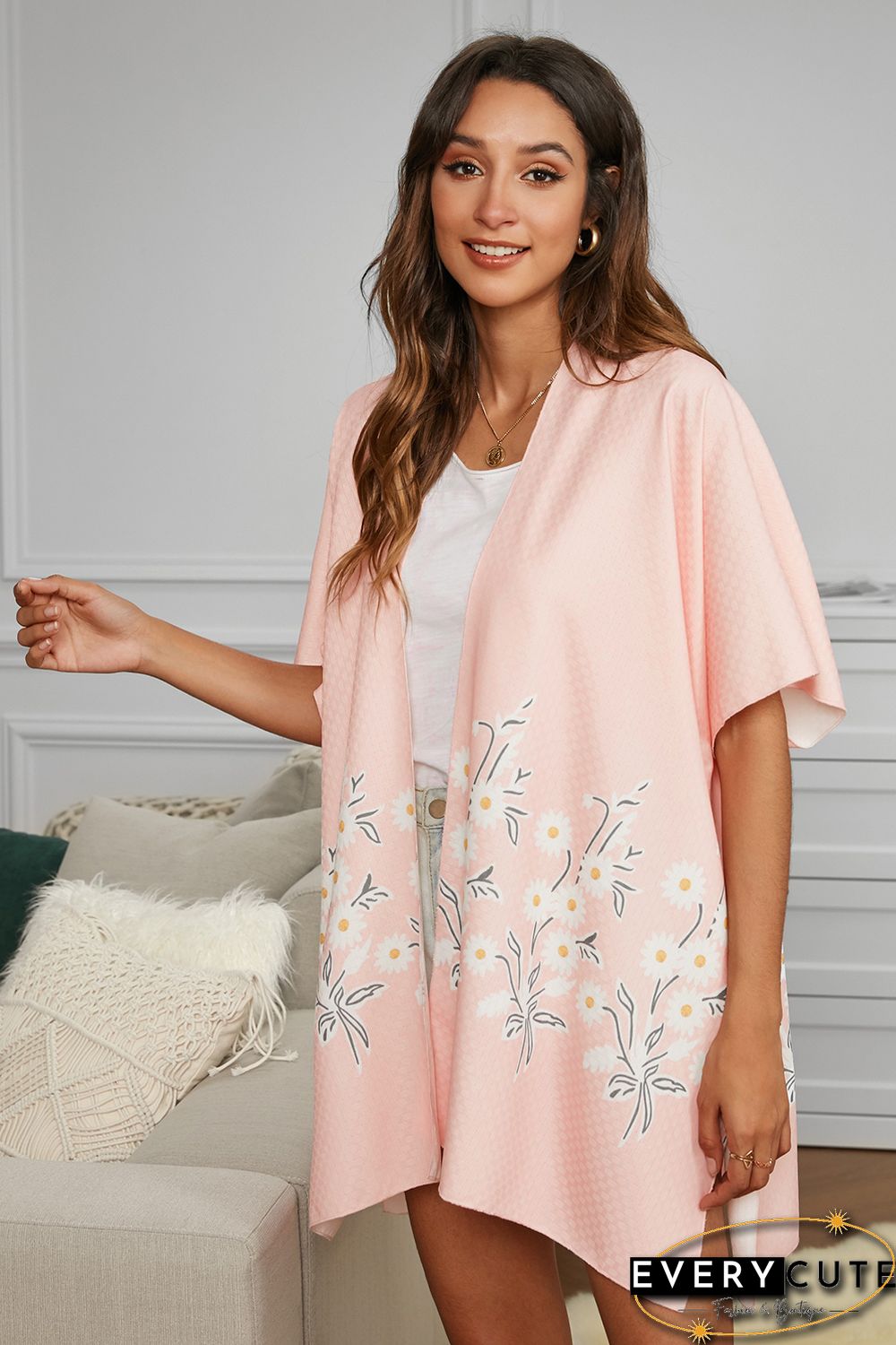 Pink Spring Daisy Woven Kimono