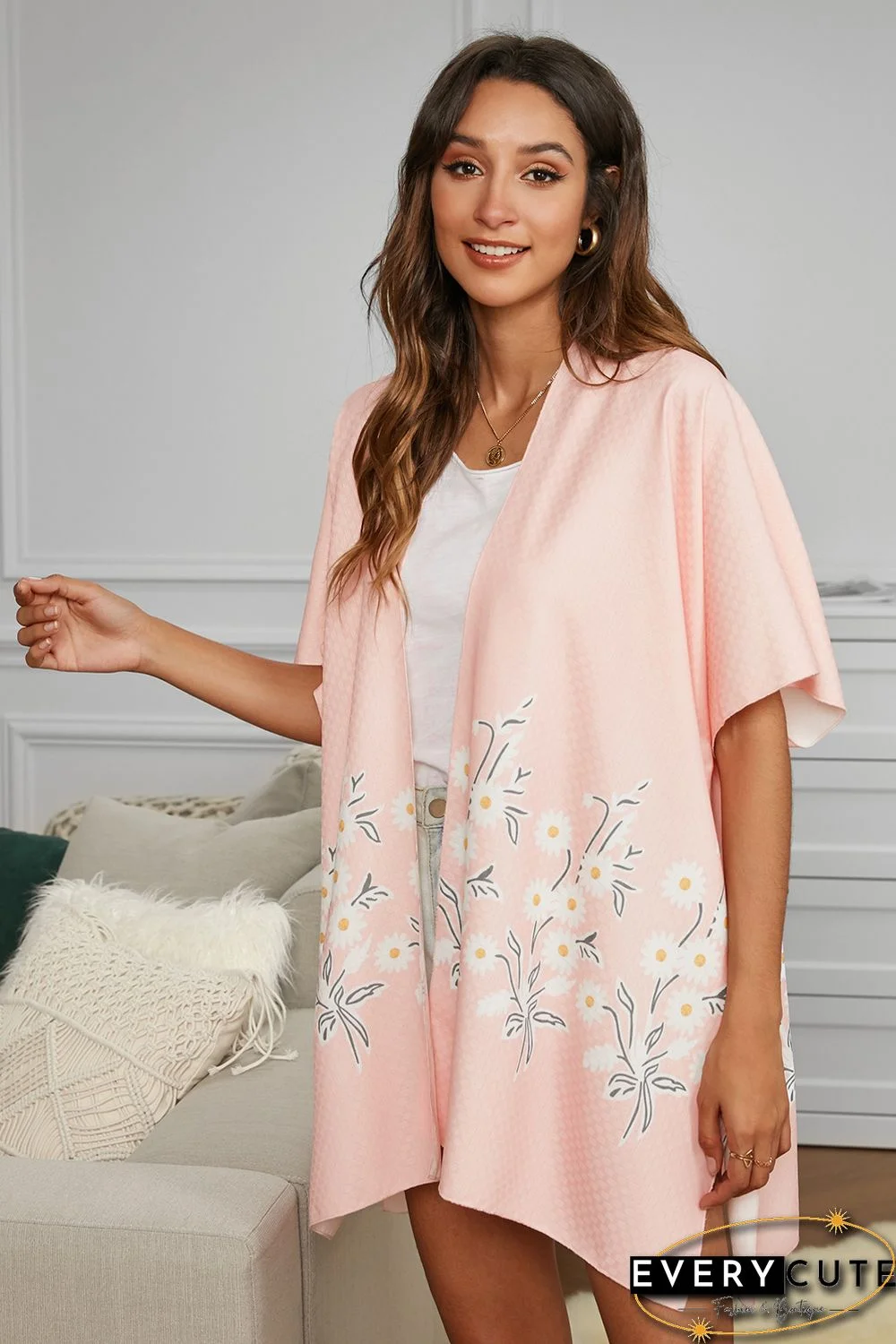 Pink Spring Daisy Woven Kimono