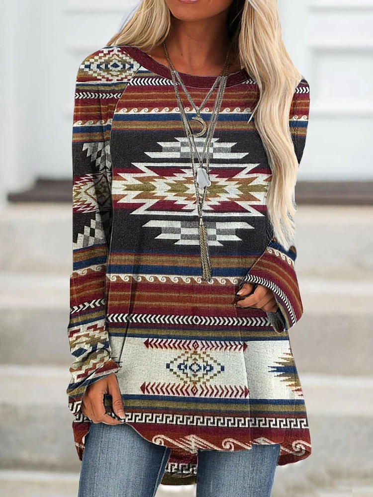 Women's Western Aztec Print Long Sleeve T-Shirt