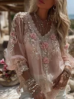 Women's Vintage Pink Floral Art Print Flowy Linen Blend Casual V Neck Tops