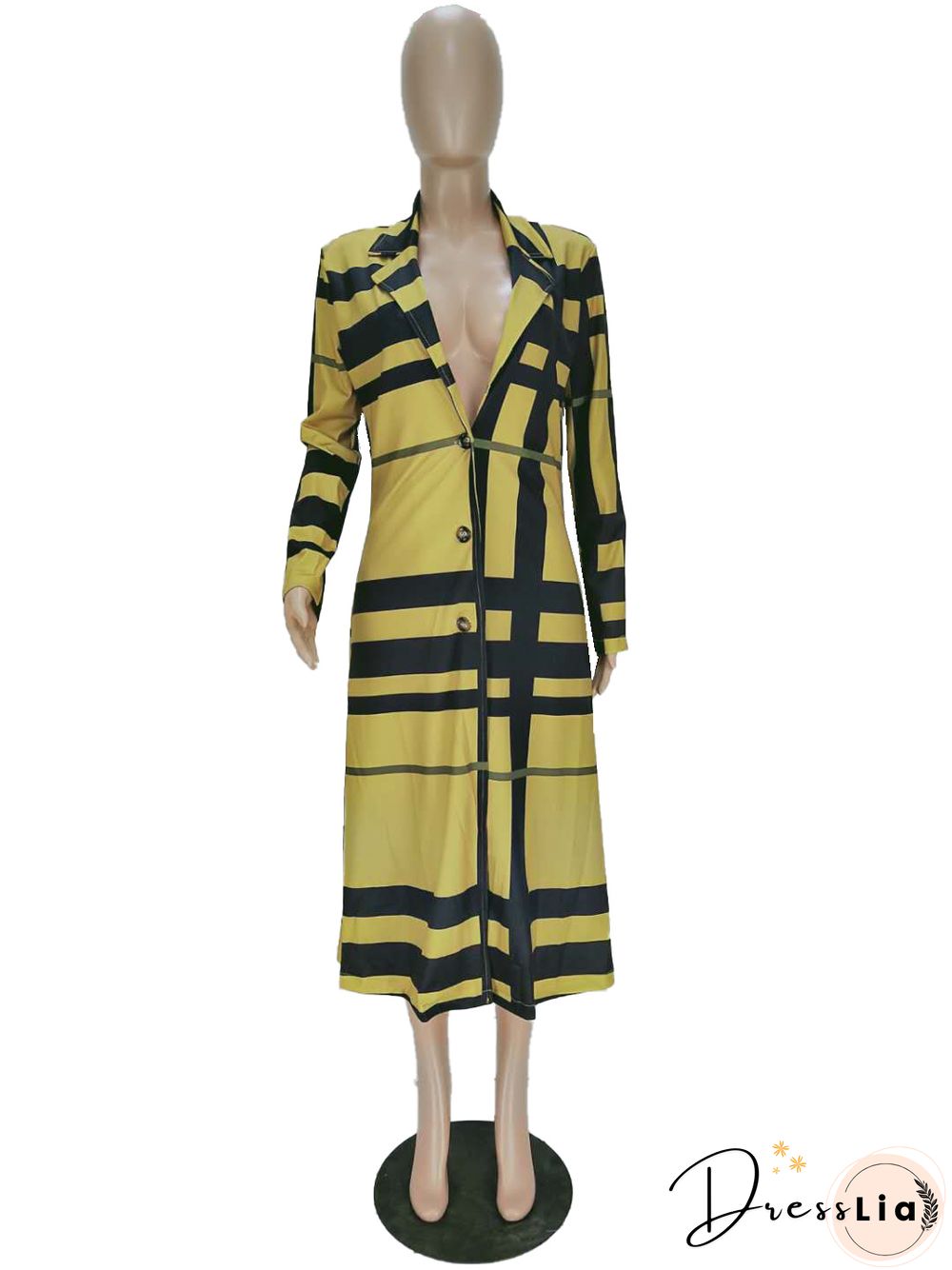 Women's Plaid Print Long-sleeved Lapel Long Coat
