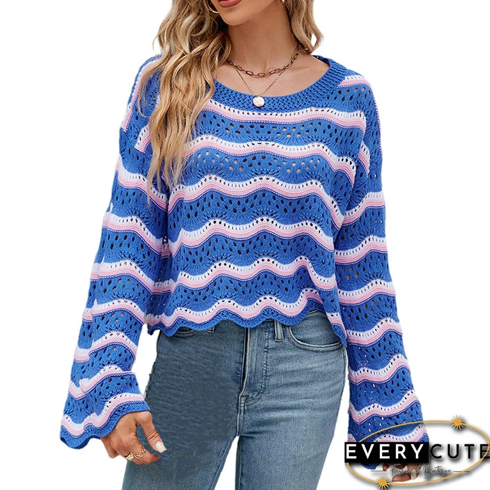 Blue Striped Print Crew Neck Knit Sweater