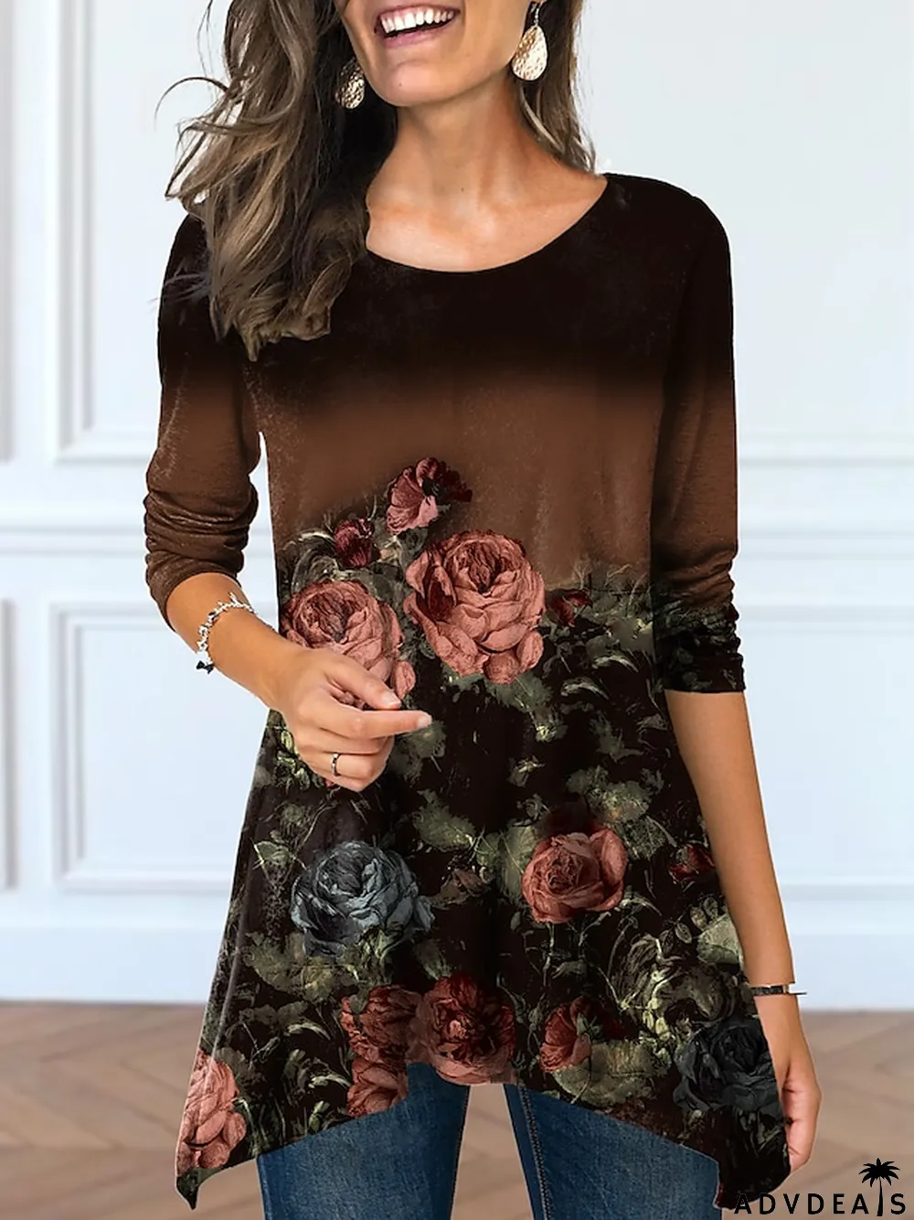Women's T shirt Tee Pink Blue Purple Floral Rose Flowing tunic Print Long Sleeve Casual Holiday Tunic Basic Round Neck Long Floral Painting S