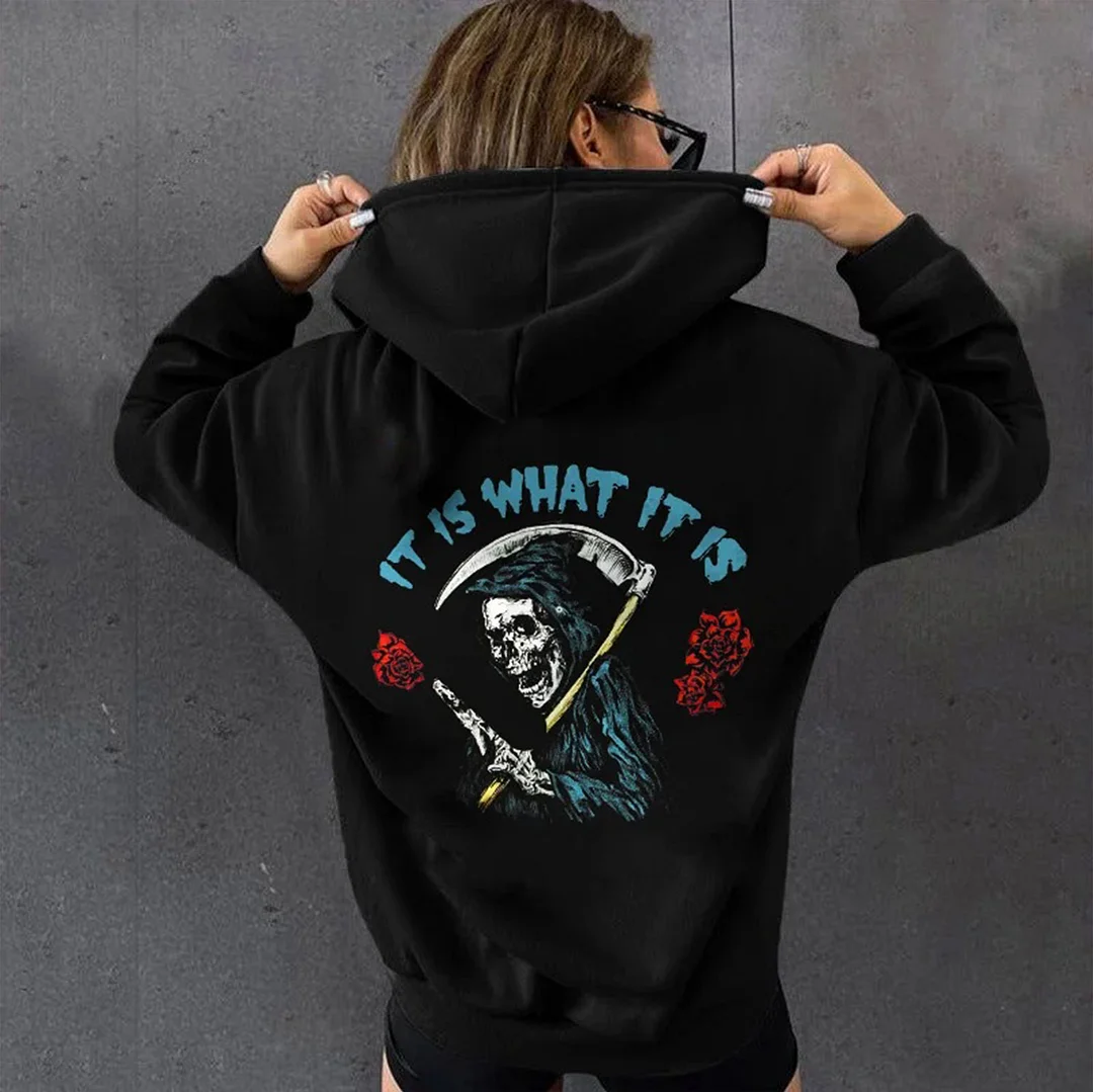 IT IS WHAT IT IS Roaring Skull with Sickle Roses  Black Print Hoodie