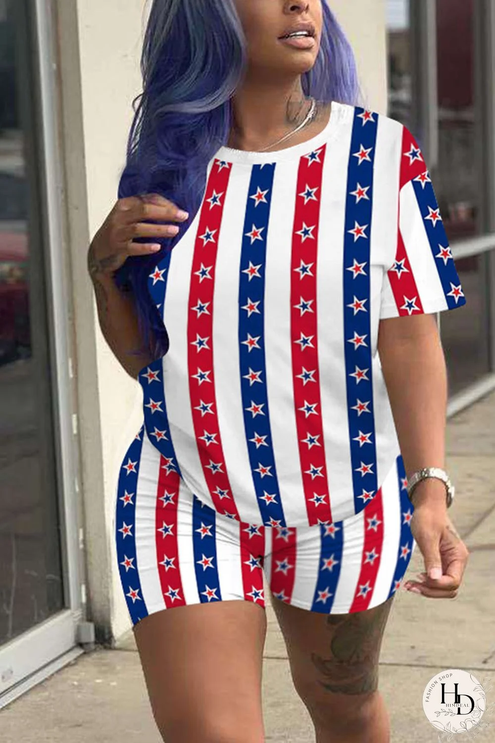 Stripe Casual Print Split Joint O Neck Short Sleeve Two Pieces