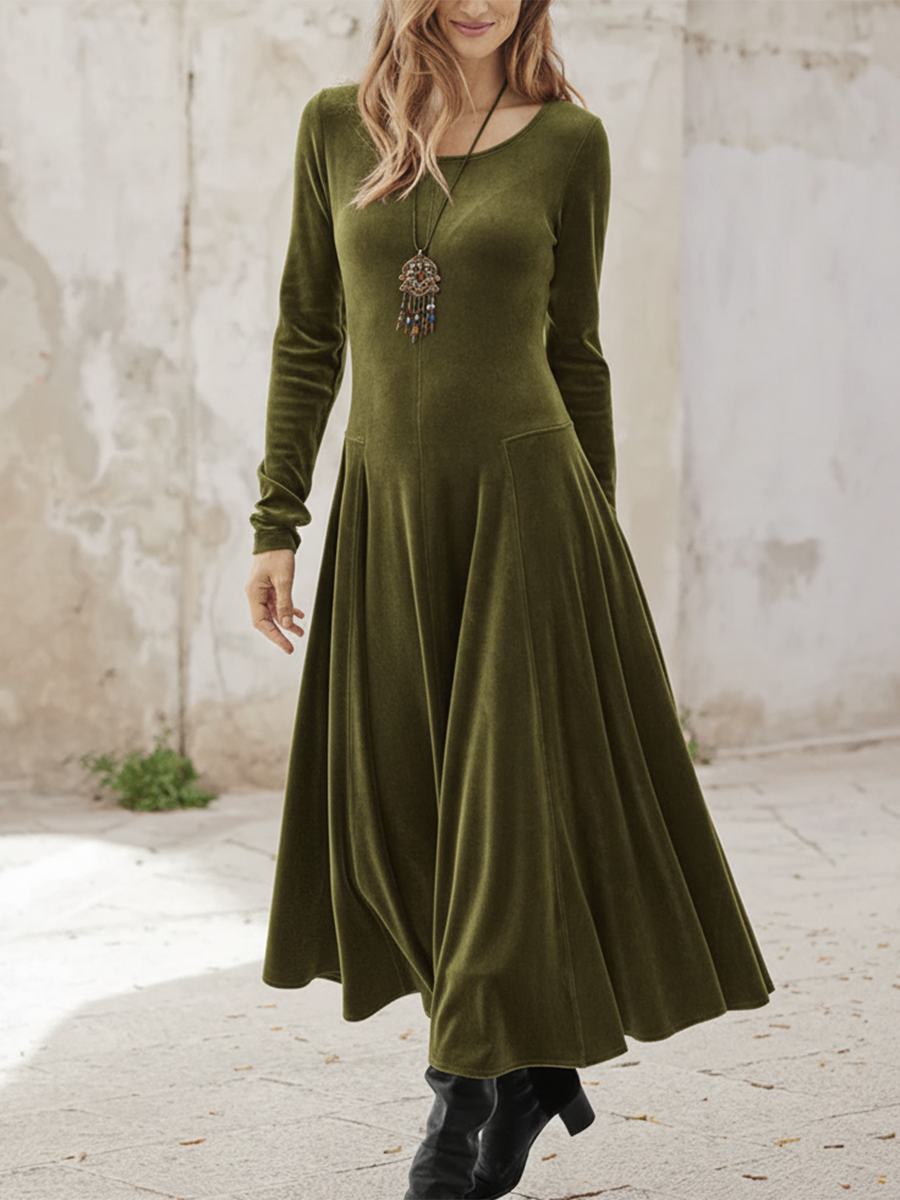Elegant Solid Color Round Neck Stretch Velvet Midi Dress