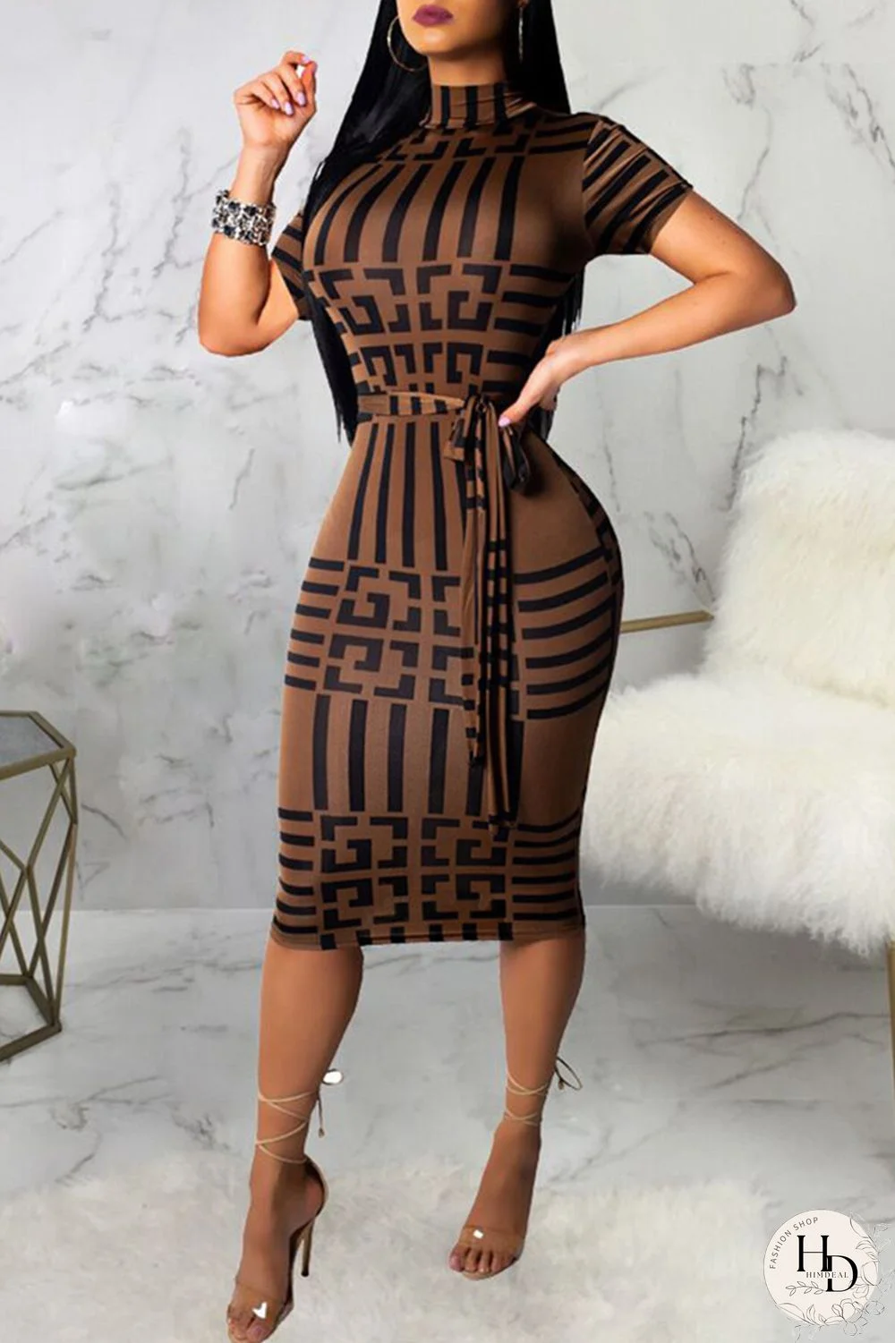 Brown Fashion Casual Print With Belt Turtleneck Short Sleeve Dress Dresses