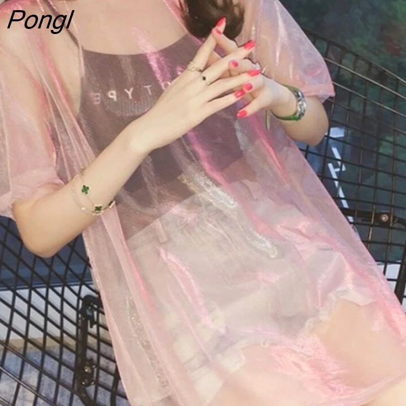 Pongl Transparent Iridescent Ladies T-Shirt Short Sleeve Mesh Top Singlet