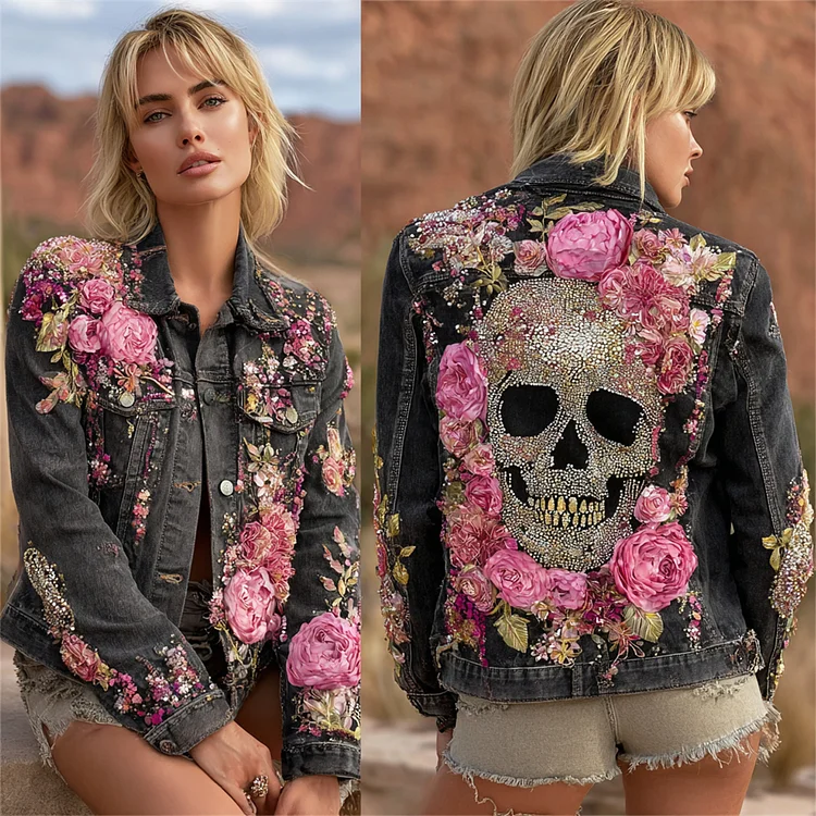 Vintage Boho Skull Embroidered Art Women's Denim Jacket