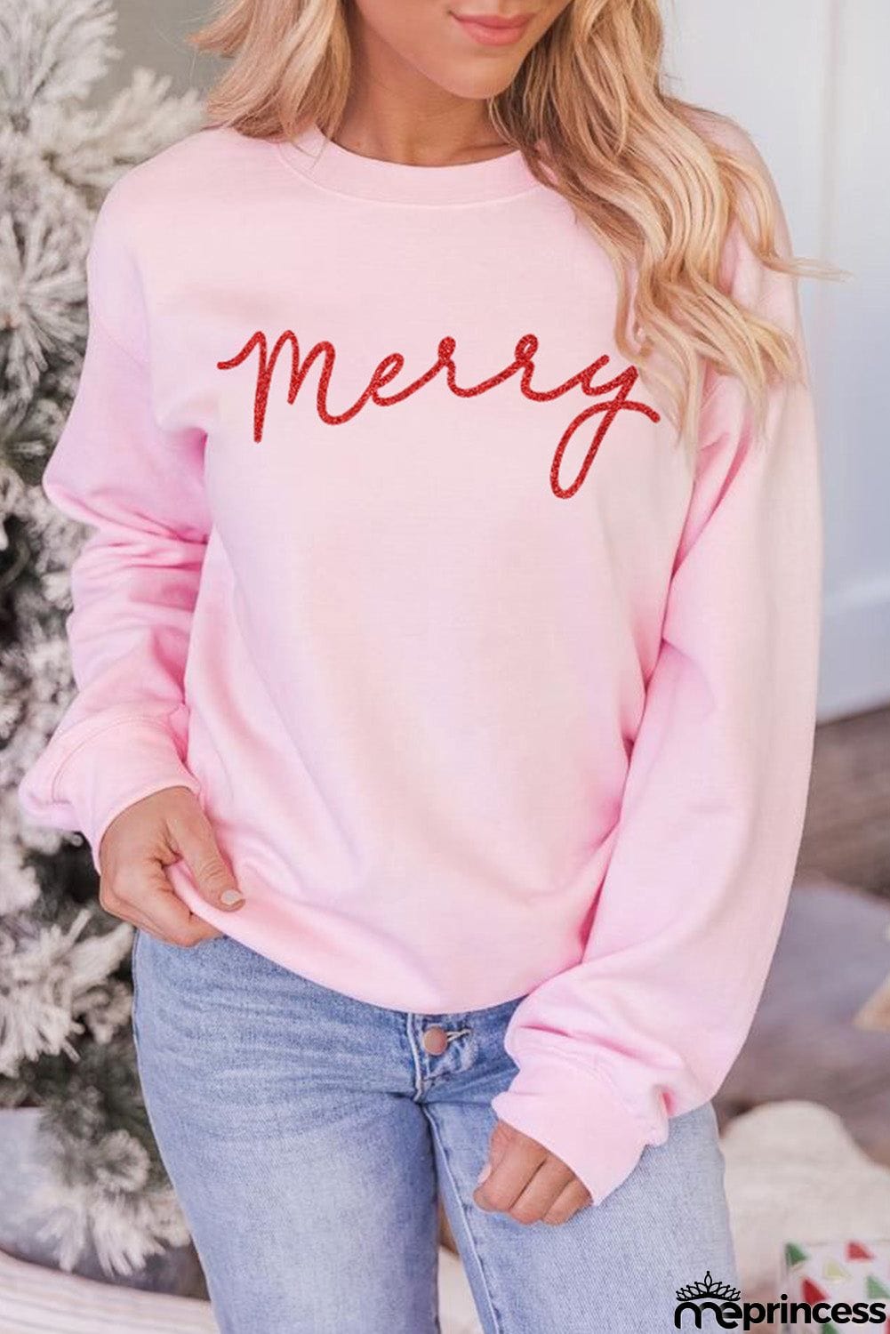 Merry Letter Print Long Sleeve Pullover Sweatshirt