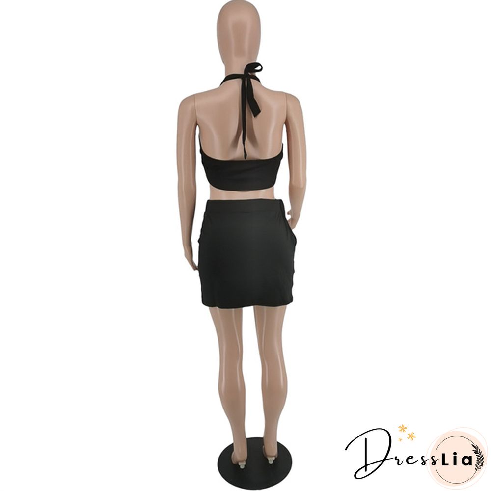 Plus Size Summer Solid Women Square Neck Sleeveless Crop Top+Elastic Waist Mini Skirt 2 Piece Set