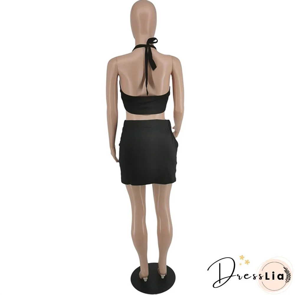 Plus Size Summer Solid Women Square Neck Sleeveless Crop Top+Elastic Waist Mini Skirt 2 Piece Set