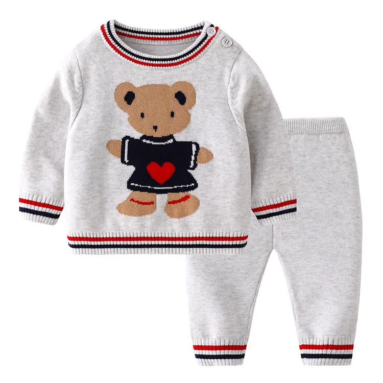 Baby Girl Ribbed Knit Heart Bear Pullover Sweatshirt with Pants Set