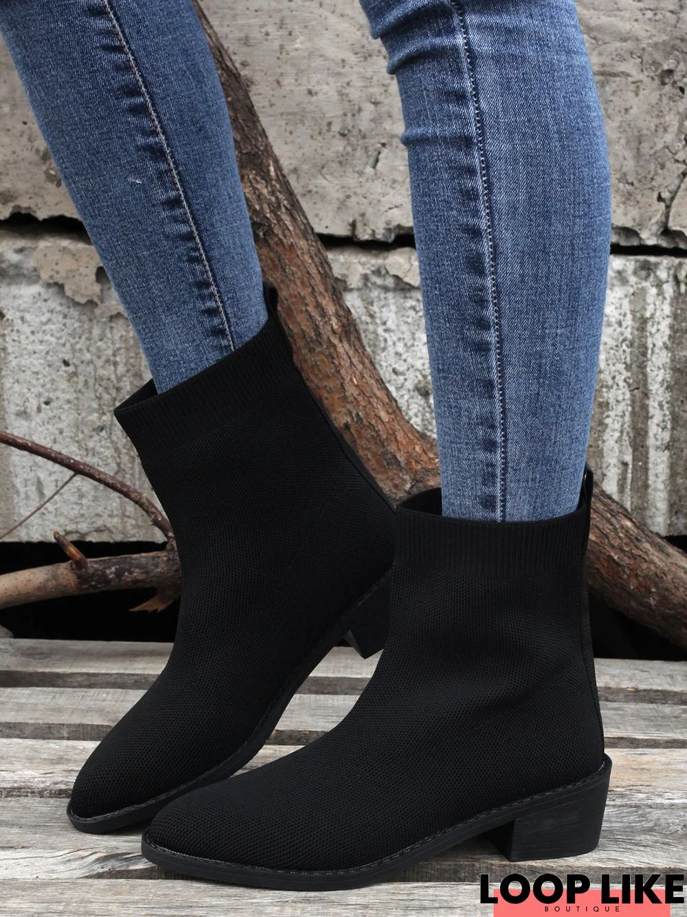 Simple Casual Plain Fly Knit Sock Boots