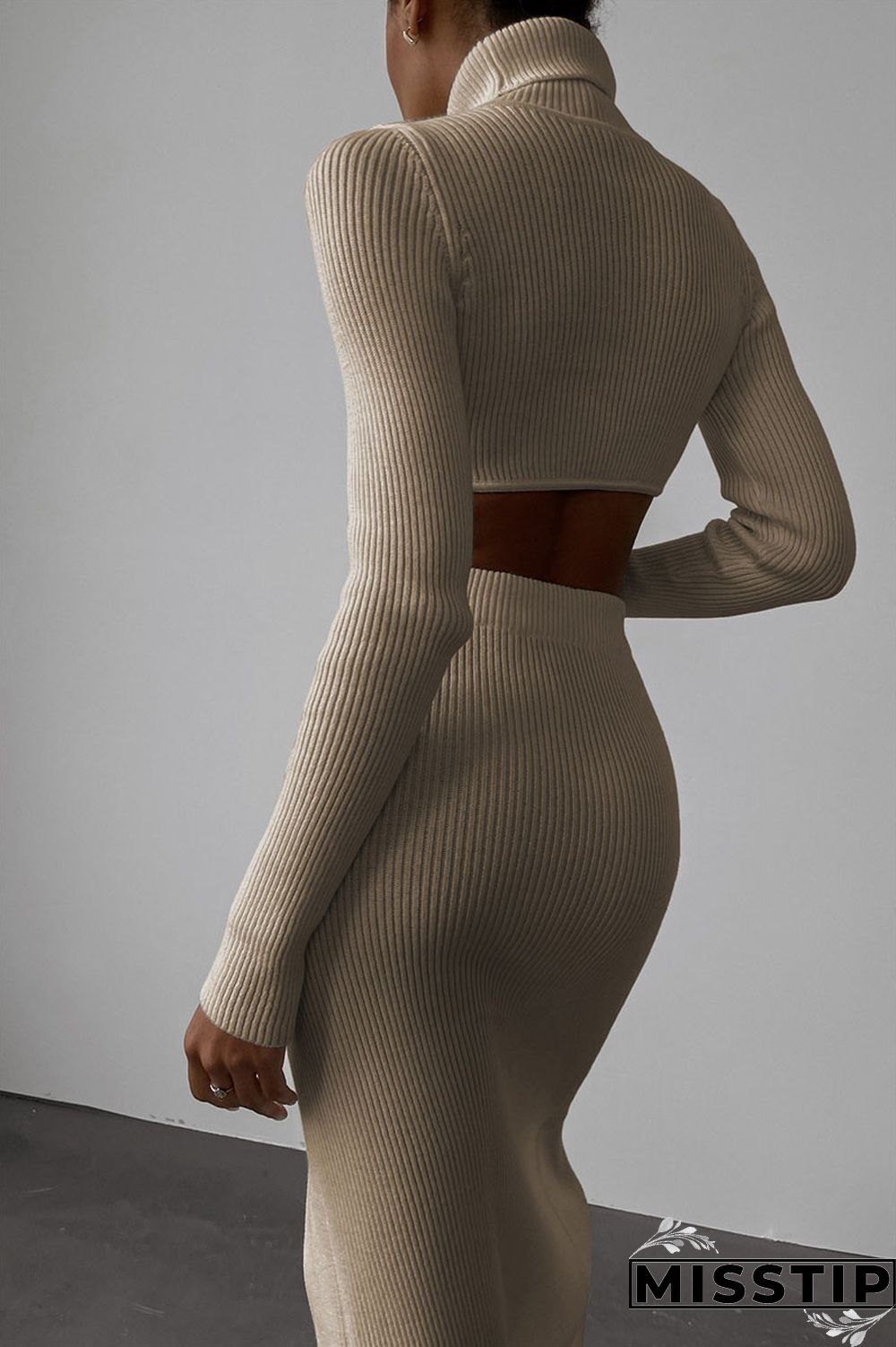 Apricot Casual Solid Patchwork Slit Asymmetrical Turtleneck Long Sleeve Two Pieces