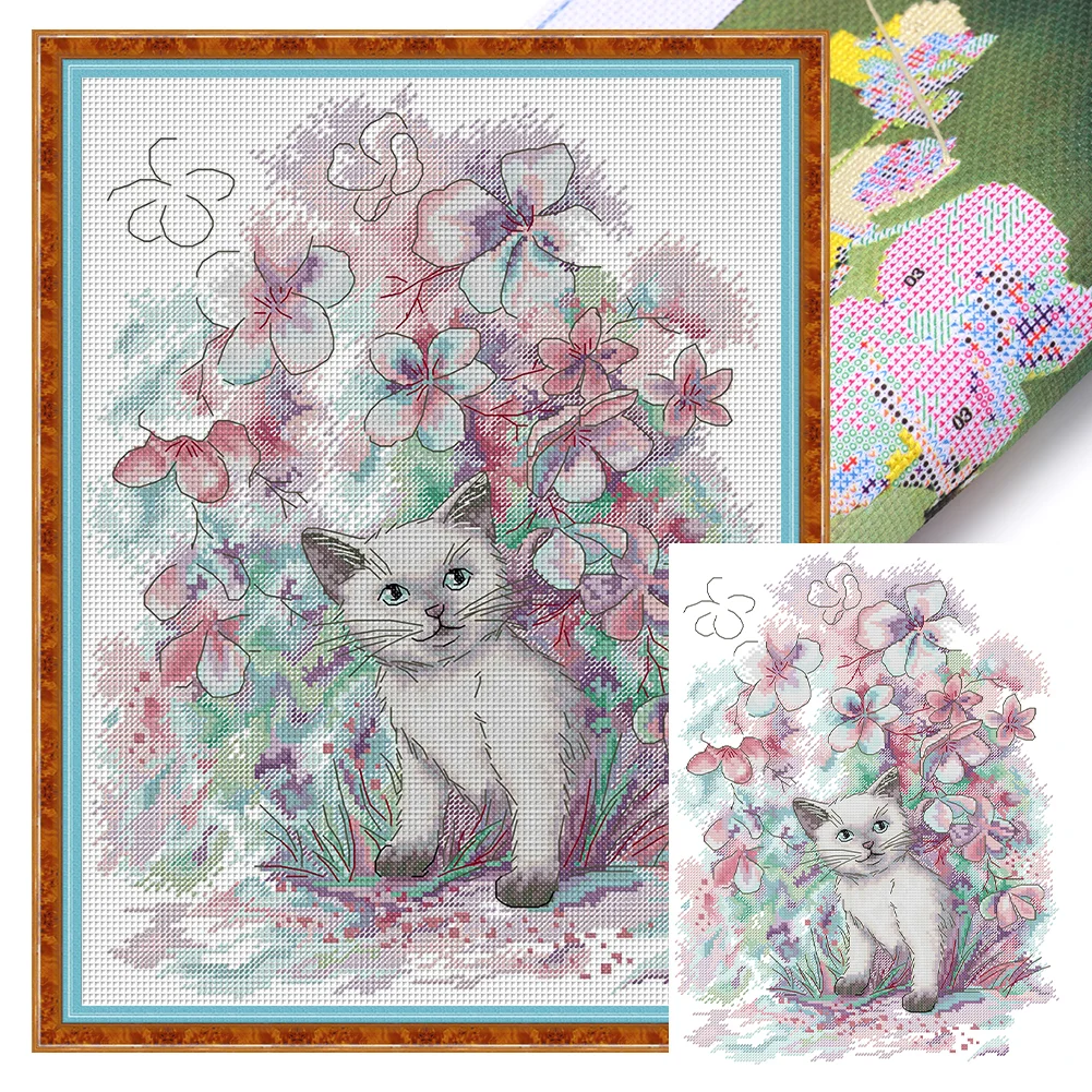 Spring cat cross stitch embroidery kit Counted pattern included