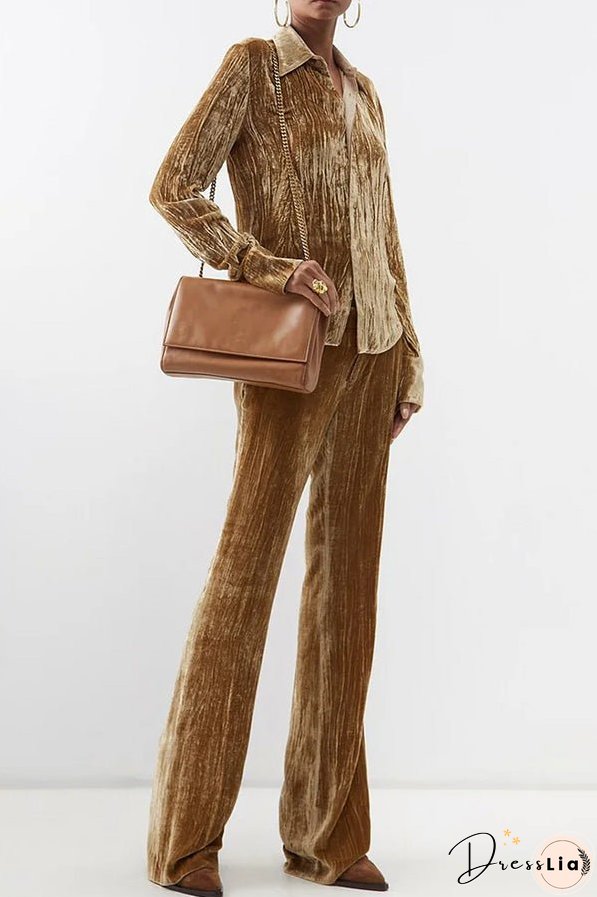 Elegant Textured Turndown Collar Long Sleeve Solid Blouse