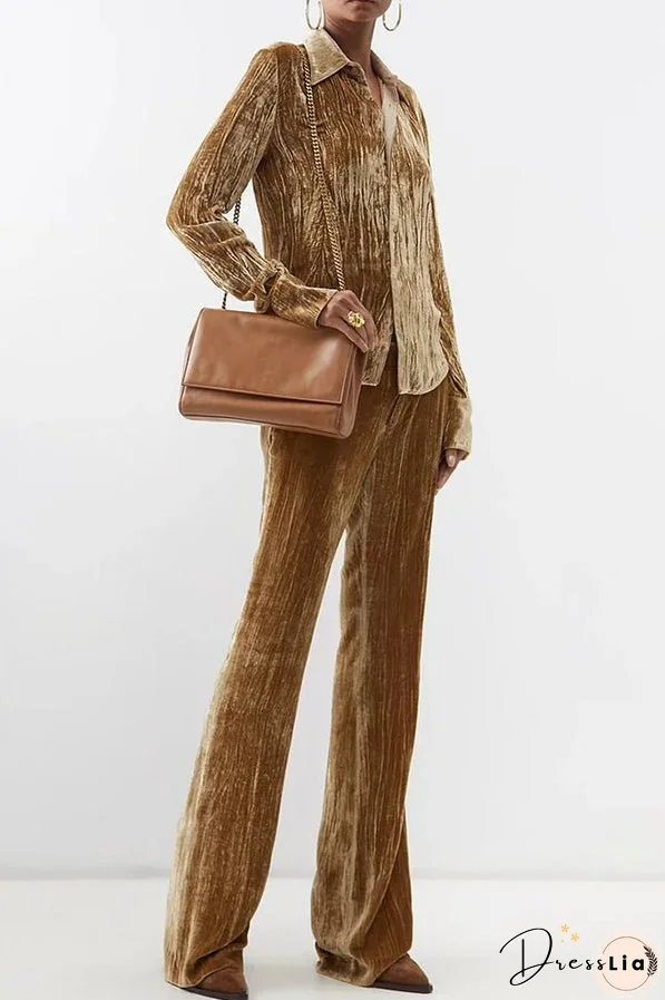 Elegant Textured Turndown Collar Long Sleeve Solid Blouse