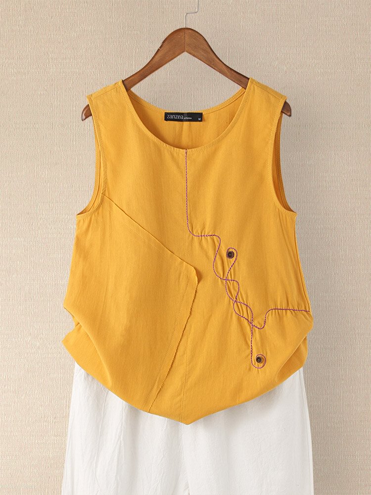 Button Embroidery O neck Sleeveless Patchwork Vintage Tank Top P1851375
