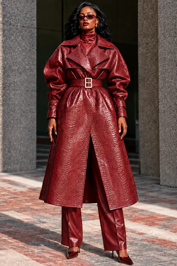 Xpluswear Design Plus Size Business Casual Burgundy Turndown Collar Long Sleeve Pocket Wrap PU Leather Cardigans [Pre-Order] 2024 - Xpluswear