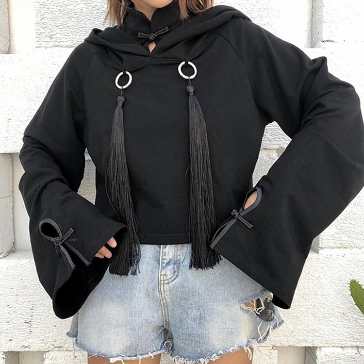 Tassel Buckle Chinese Characters Embroidered Flared Sleeve Hoodie