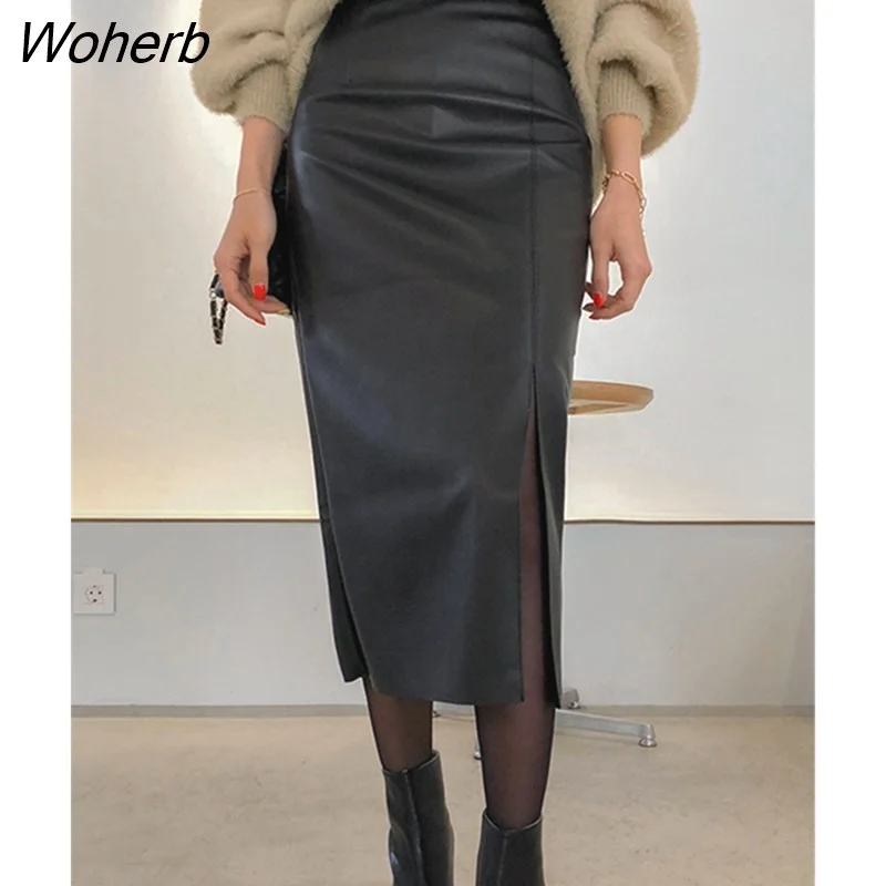 Woherb Black PU Faxu Leather Women's Wrap Skirts 2022 New Autumn Winter High Waist Front Split Sheath Pencil Skirts Female